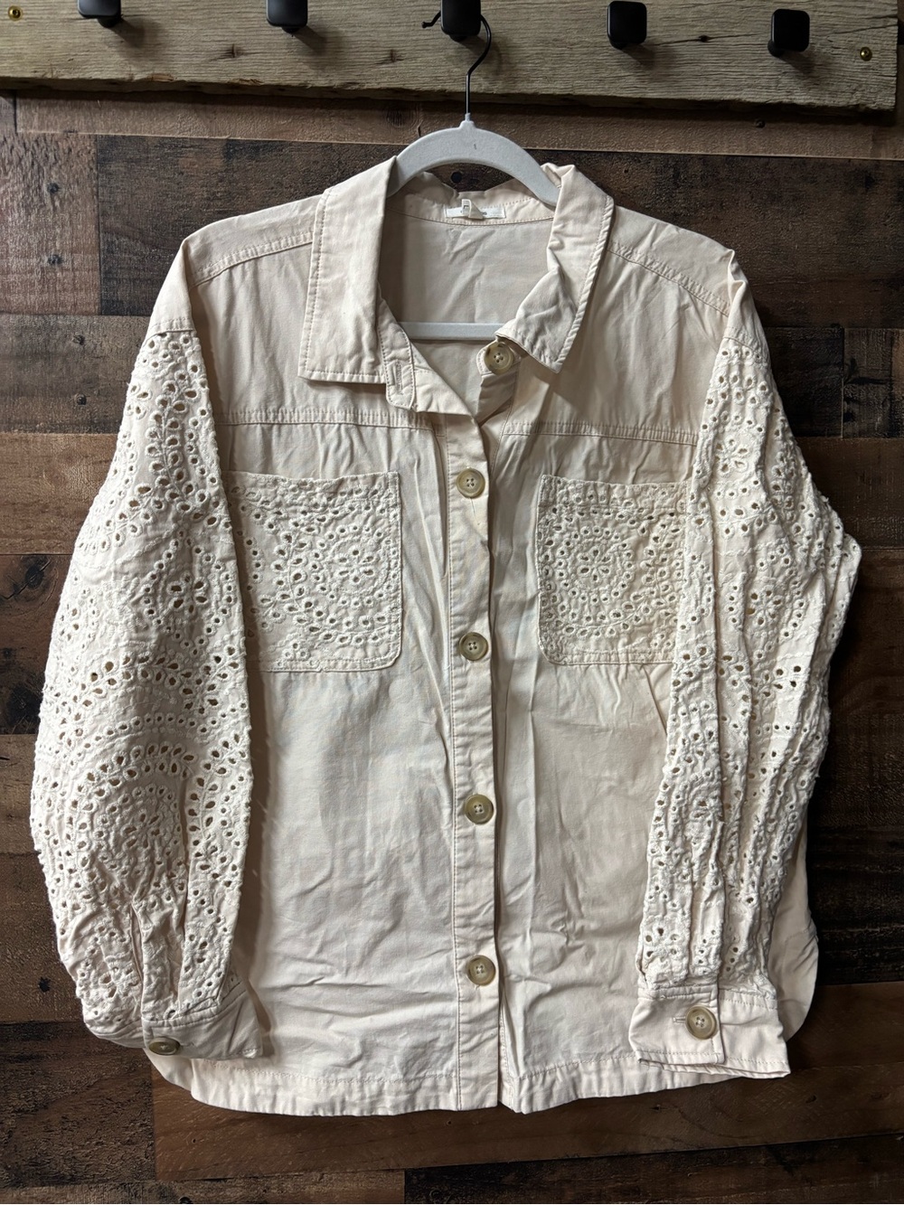 Maurices Cream Eyelet-Sleeve Button-Front Shirt Jacket